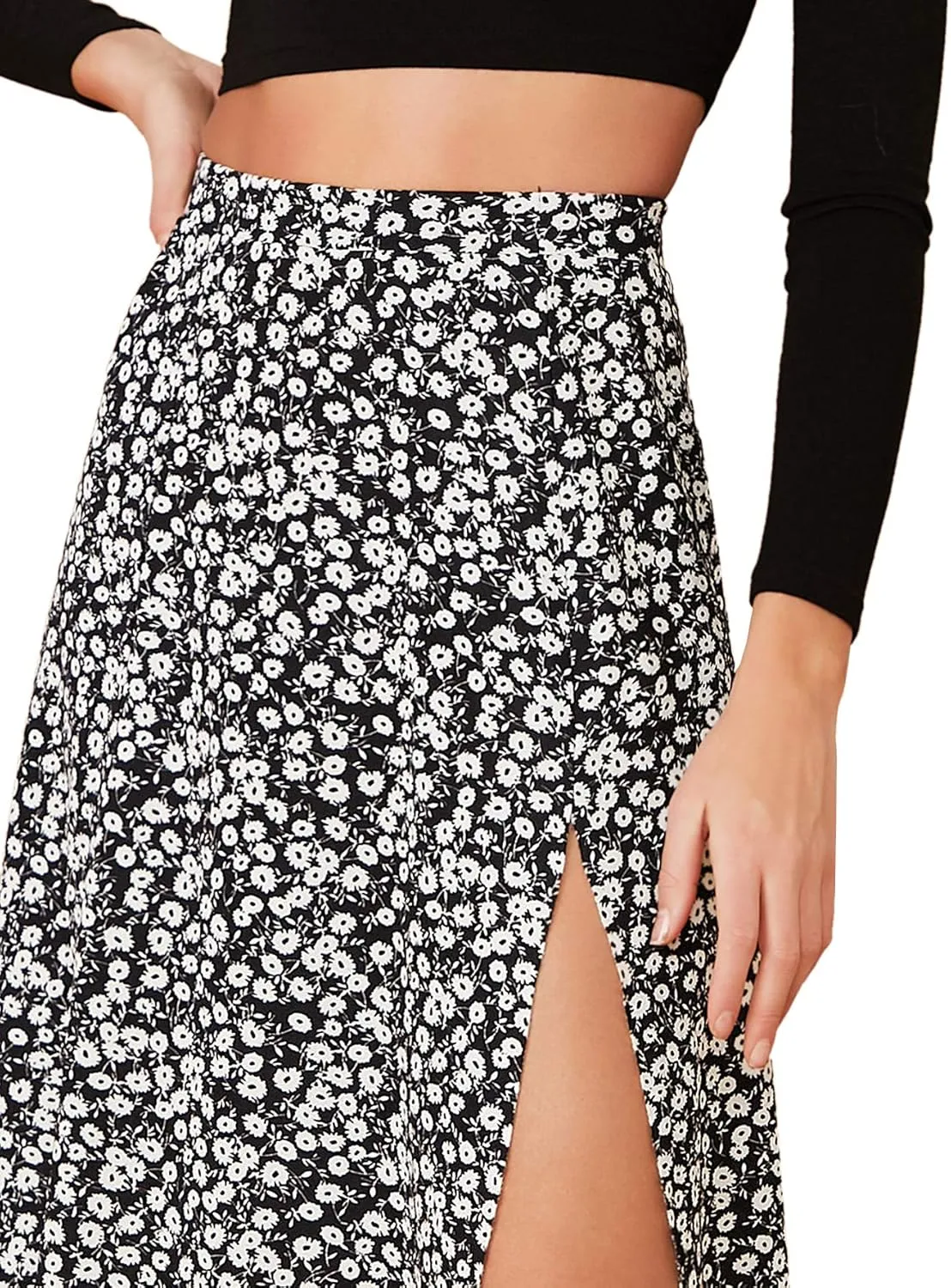 Verdusa Women's Sexy Boho Floral Split Thigh High Waist Swing Midi Skirt
