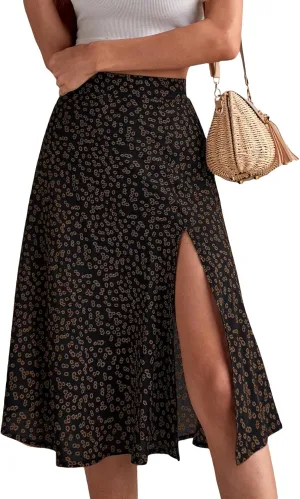 Verdusa Women's Sexy Boho Floral Split Thigh High Waist Swing Midi Skirt