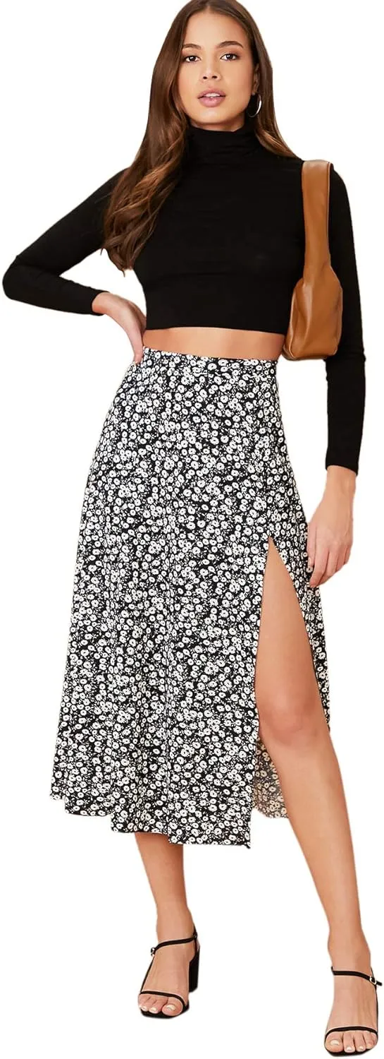Verdusa Women's Sexy Boho Floral Split Thigh High Waist Swing Midi Skirt