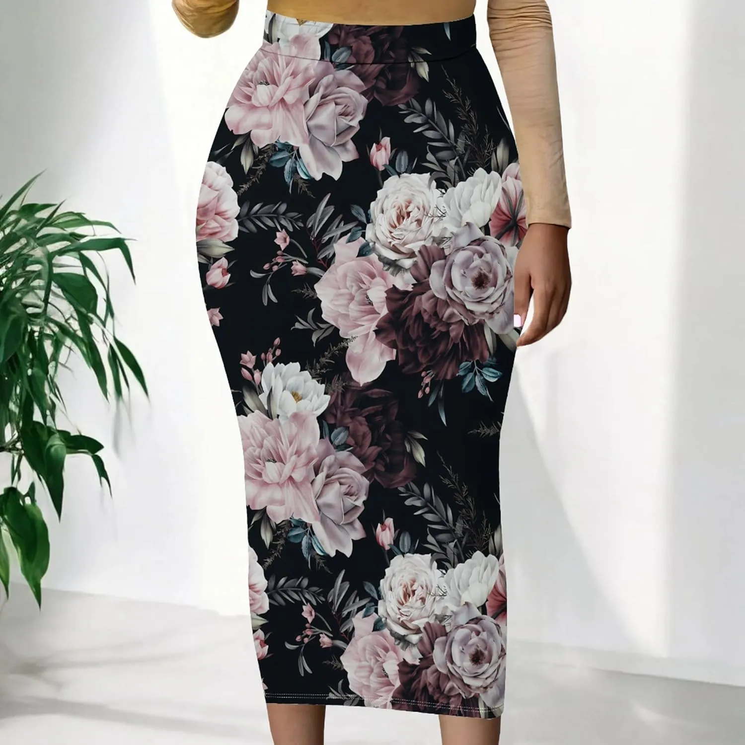 Women Bodycon Vintage Print Midi Skirt High Waist Sexy Pencil Skirt