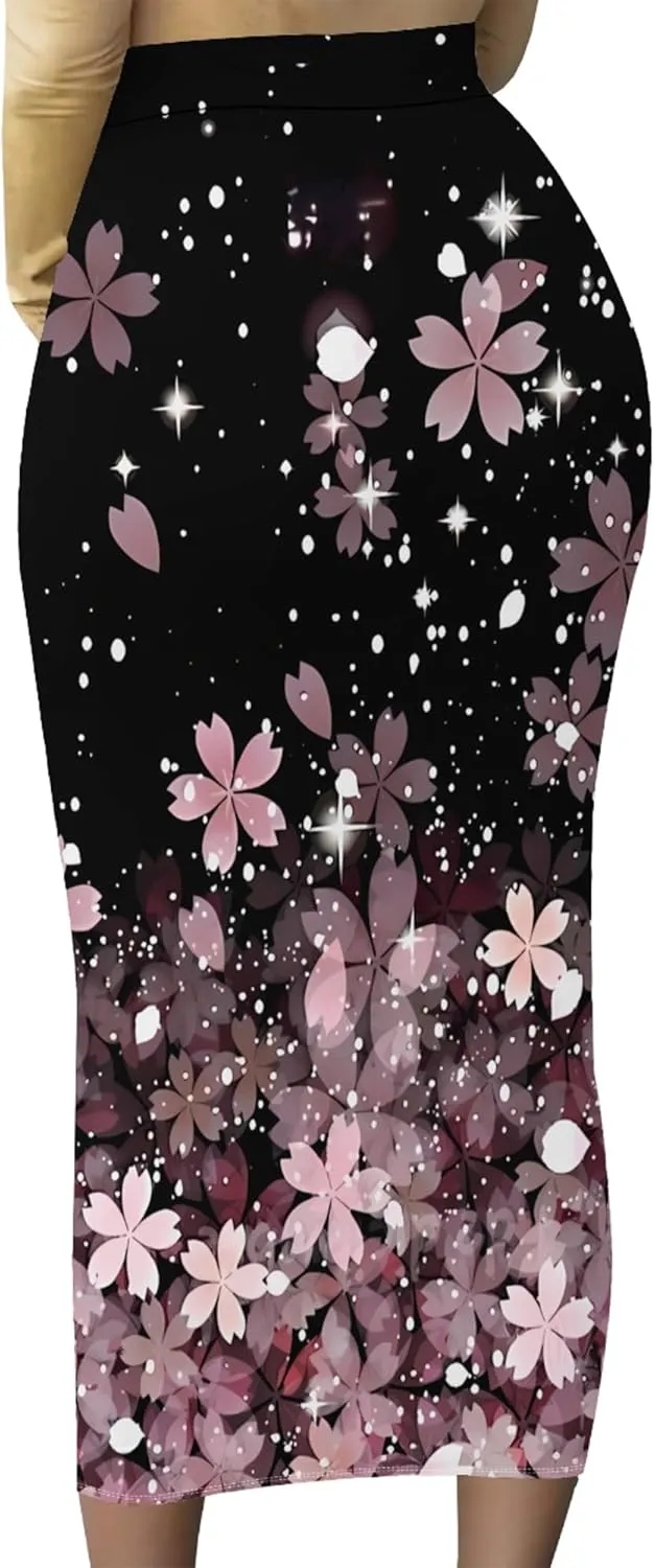 Women Bodycon Vintage Print Midi Skirt High Waist Sexy Pencil Skirt