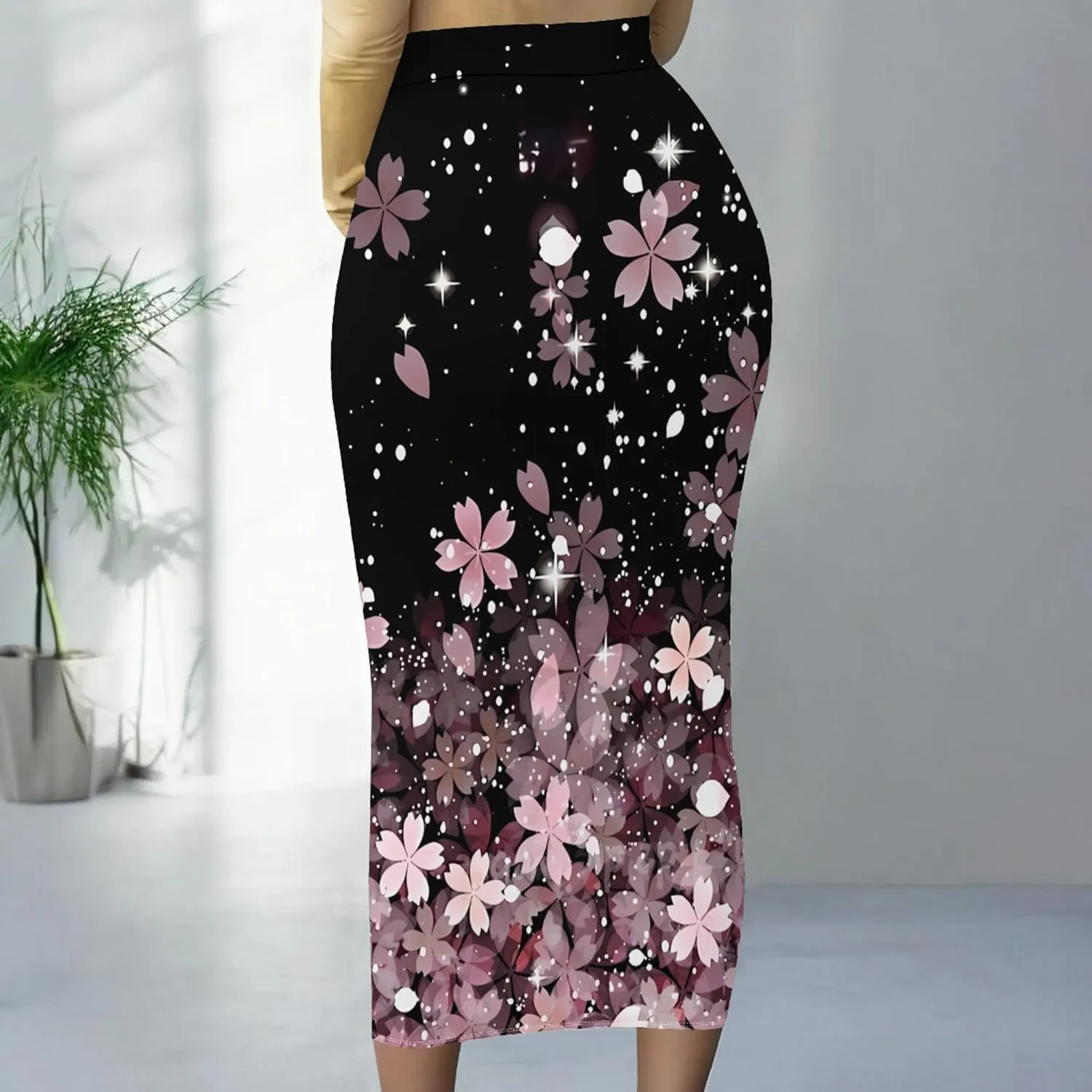 Women Bodycon Vintage Print Midi Skirt High Waist Sexy Pencil Skirt