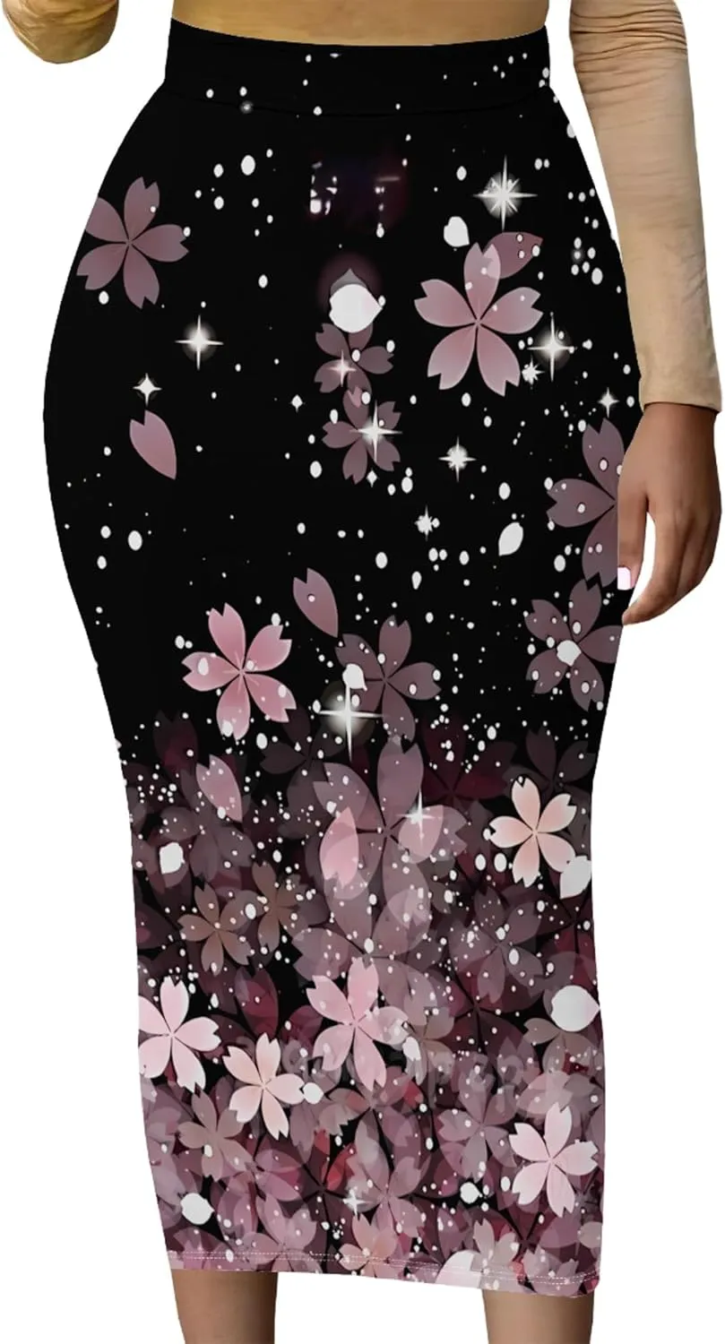 Women Bodycon Vintage Print Midi Skirt High Waist Sexy Pencil Skirt