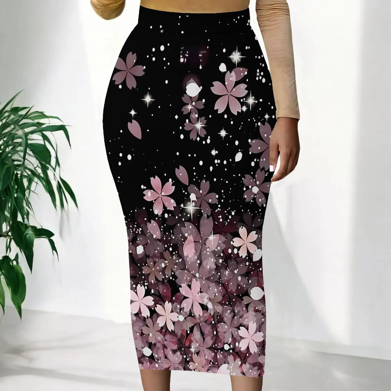 Women Bodycon Vintage Print Midi Skirt High Waist Sexy Pencil Skirt