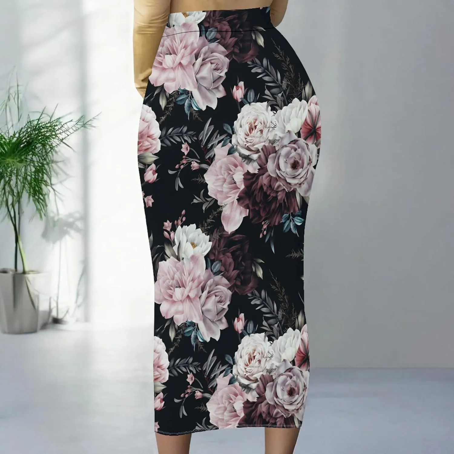 Women Bodycon Vintage Print Midi Skirt High Waist Sexy Pencil Skirt