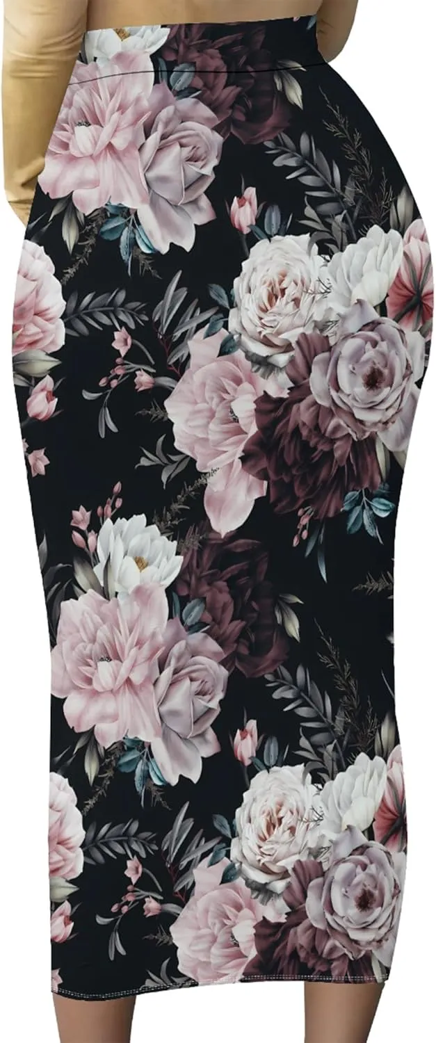Women Bodycon Vintage Print Midi Skirt High Waist Sexy Pencil Skirt