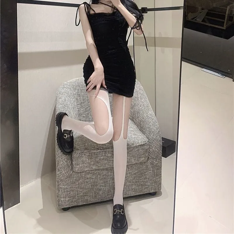 Women Gothic Punk Asymmetrical Ripped Hole Pantyhose Sexy Hollow-Out Suspender Garter Belt Tights See-Through Stockings