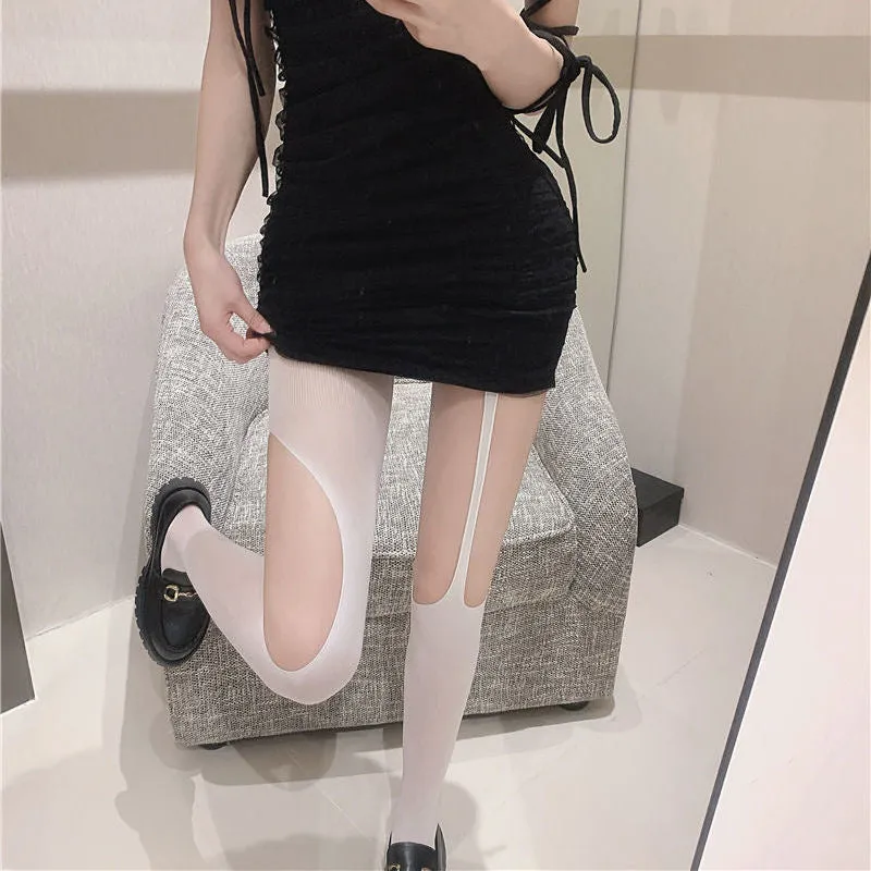 Women Gothic Punk Asymmetrical Ripped Hole Pantyhose Sexy Hollow-Out Suspender Garter Belt Tights See-Through Stockings