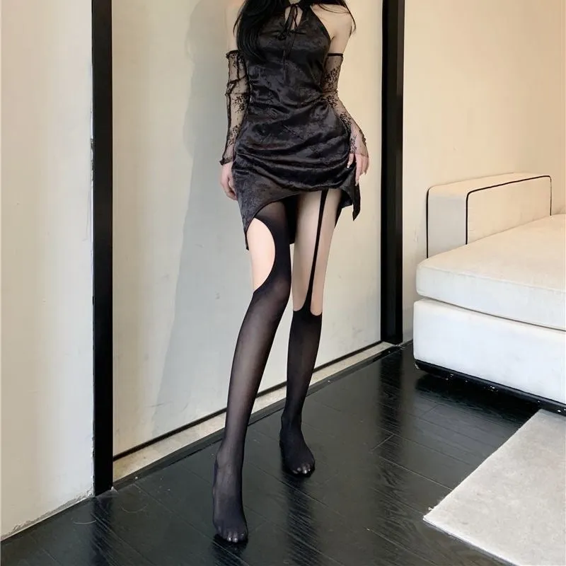 Women Gothic Punk Asymmetrical Ripped Hole Pantyhose Sexy Hollow-Out Suspender Garter Belt Tights See-Through Stockings