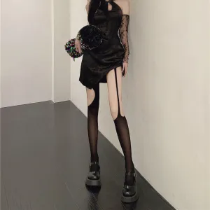 Women Gothic Punk Asymmetrical Ripped Hole Pantyhose Sexy Hollow-Out Suspender Garter Belt Tights See-Through Stockings