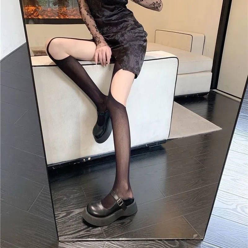 Women Gothic Punk Asymmetrical Ripped Hole Pantyhose Sexy Hollow-Out Suspender Garter Belt Tights See-Through Stockings