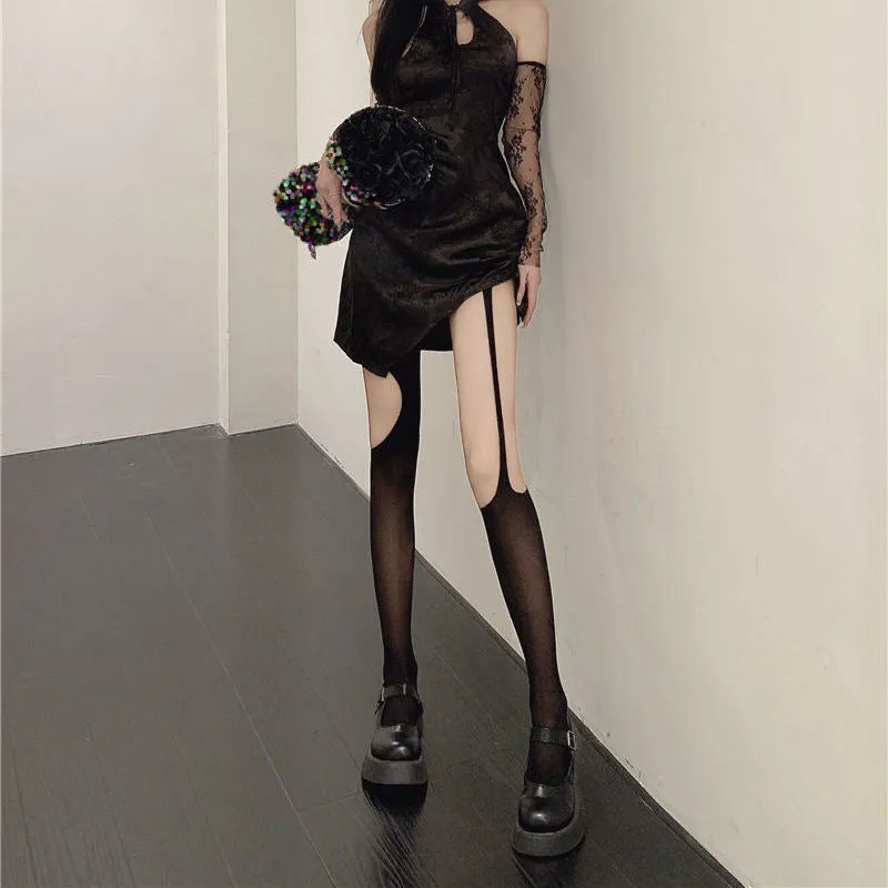 Women Gothic Punk Asymmetrical Ripped Hole Pantyhose Sexy Hollow-Out Suspender Garter Belt Tights See-Through Stockings