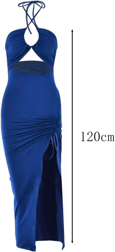 Women Sexy Ruched High Split Bodycon Maxi Dress Sleeveless Hollow Out Halter Party Cocktail Long Dress