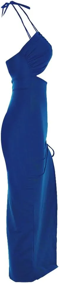 Women Sexy Ruched High Split Bodycon Maxi Dress Sleeveless Hollow Out Halter Party Cocktail Long Dress