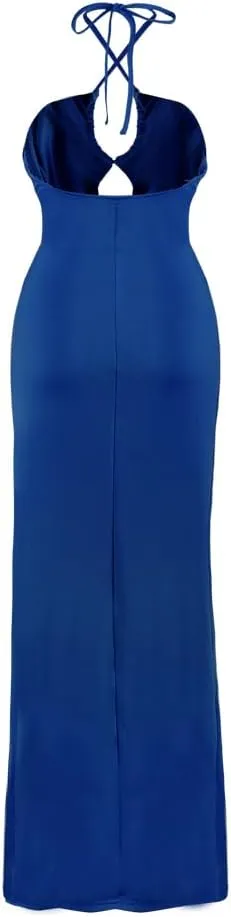 Women Sexy Ruched High Split Bodycon Maxi Dress Sleeveless Hollow Out Halter Party Cocktail Long Dress