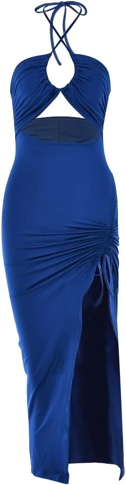 Women Sexy Ruched High Split Bodycon Maxi Dress Sleeveless Hollow Out Halter Party Cocktail Long Dress