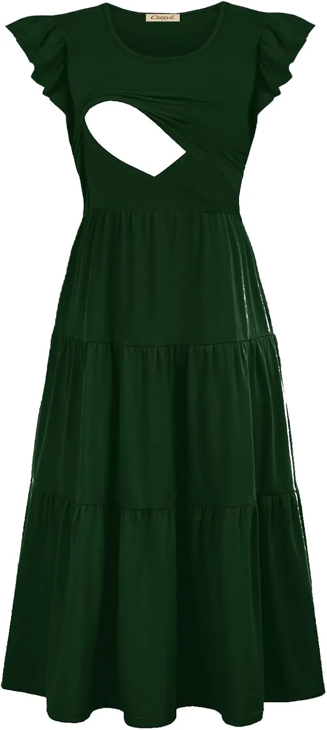 Womens Flutter Short Sleeve Smocked Tiered Nursing Dress for Breastfeeding