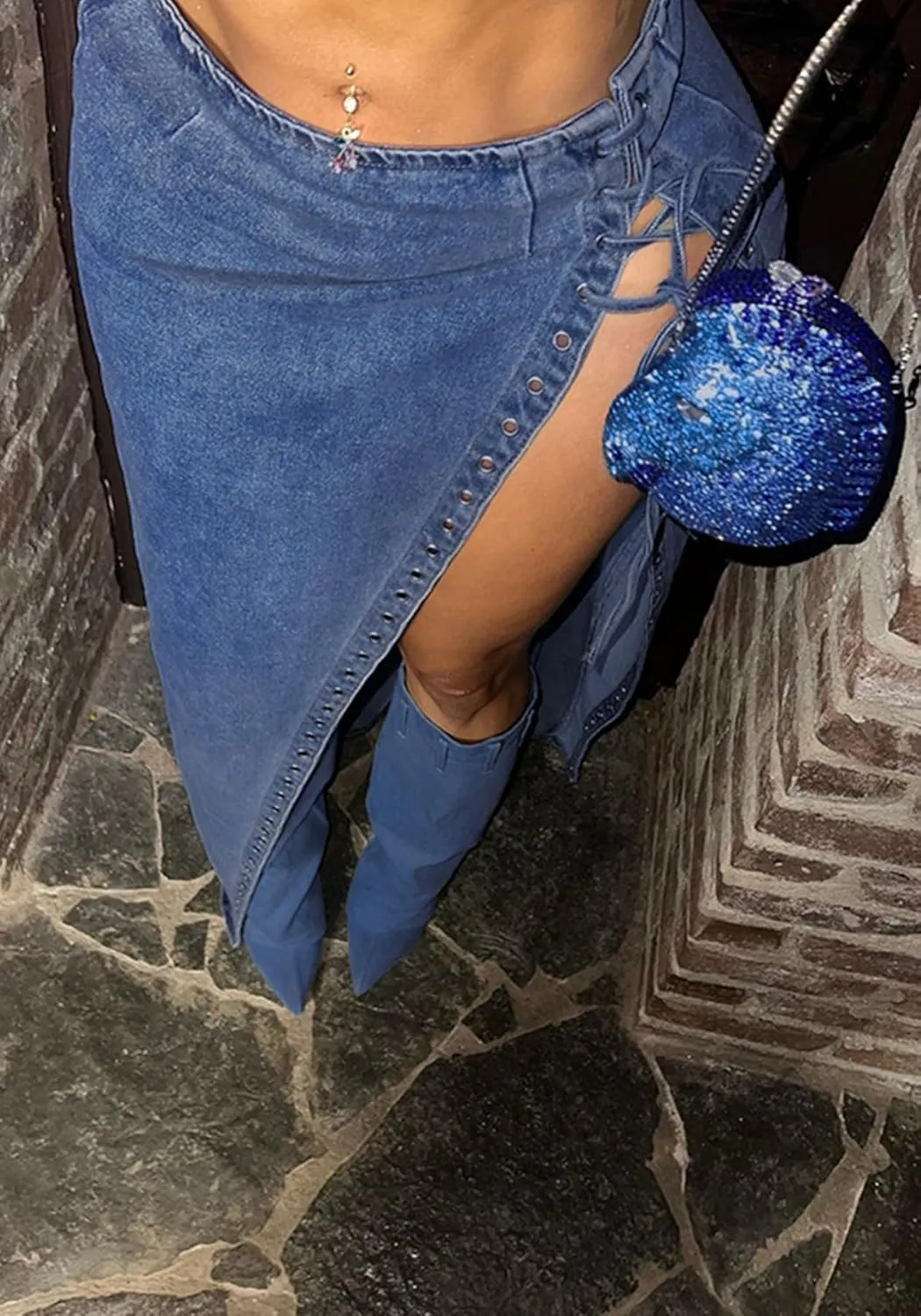 Women's High Split Long Denim Skirt Sexy Tie Knot High Waisted Stretchy Trendy Irregular Jean Skirts Streetwear
