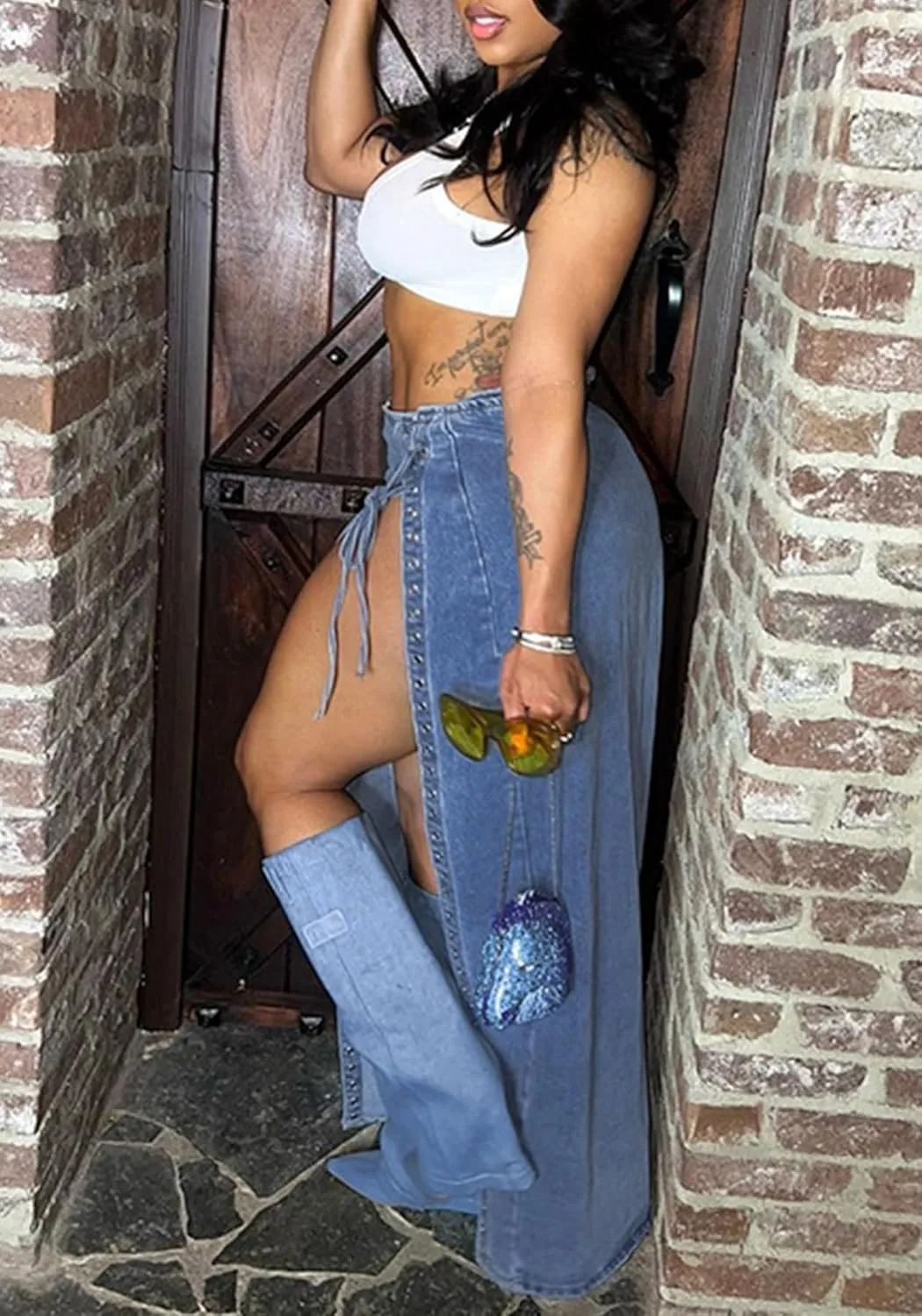 Women's High Split Long Denim Skirt Sexy Tie Knot High Waisted Stretchy Trendy Irregular Jean Skirts Streetwear