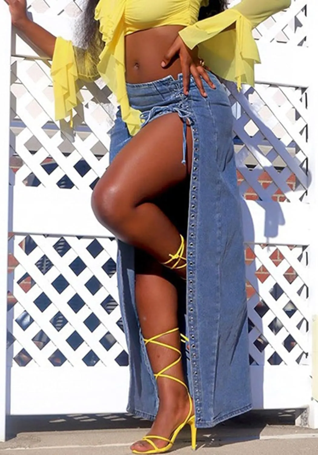 Women's High Split Long Denim Skirt Sexy Tie Knot High Waisted Stretchy Trendy Irregular Jean Skirts Streetwear