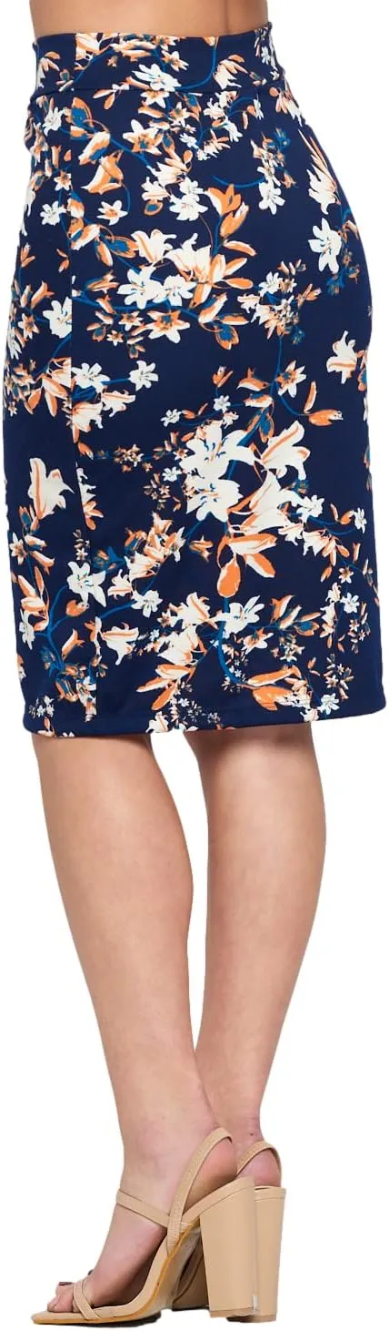 Women's High Waist Knit Stretch Multi Print Office Pencil Skirt (S-3XL) -Made in USA