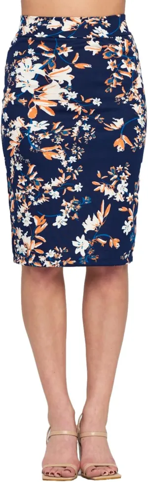 Women's High Waist Knit Stretch Multi Print Office Pencil Skirt (S-3XL) -Made in USA