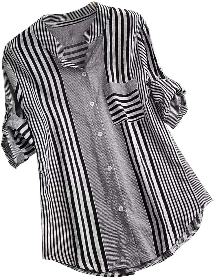 Women's Linen Loose Fit Tshirt Tops Vintage Lace Tie V-Neck Embroidered Tunics Comfy Relaxed Ladies 3/4 Sleeve Blouse