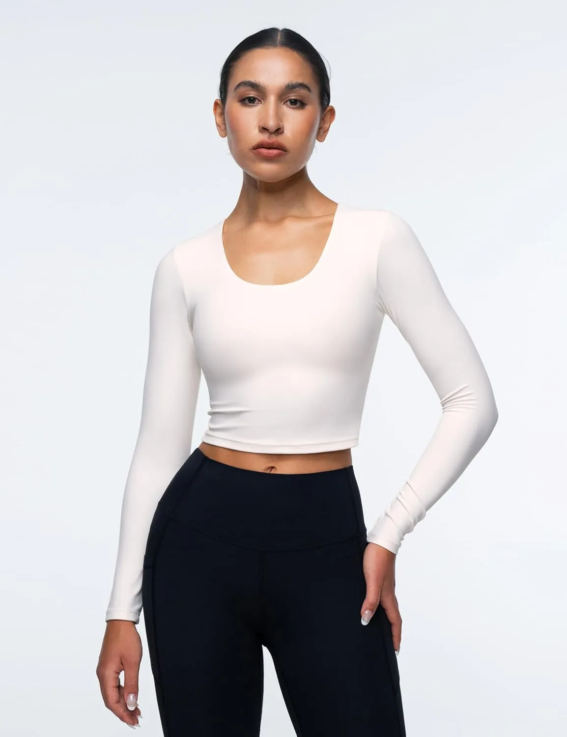 Womens Long Sleeve Shirts Workout Crop Tops Yoga Tee Built in Bra Mild Support Cream Feeling Athletic Top U-Neck