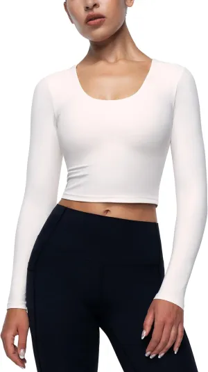 Womens Long Sleeve Shirts Workout Crop Tops Yoga Tee Built in Bra Mild Support Cream Feeling Athletic Top U-Neck