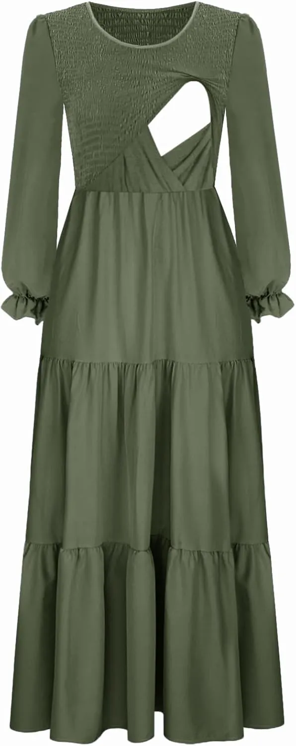 Women's Nursing Dress Flounces Long Sleeve Crew Neck Smocked Bodice Ruched Elastic Waist Tiered Midi with Pockets