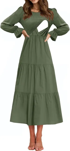 Women's Nursing Dress Flounces Long Sleeve Crew Neck Smocked Bodice Ruched Elastic Waist Tiered Midi with Pockets