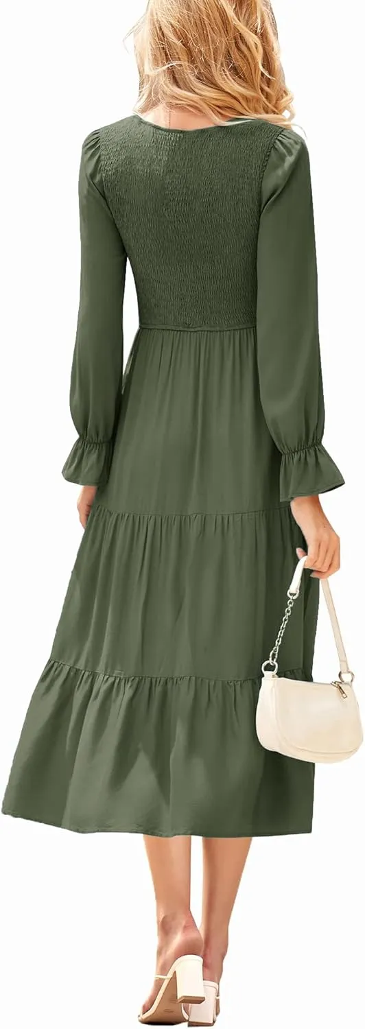 Women's Nursing Dress Flounces Long Sleeve Crew Neck Smocked Bodice Ruched Elastic Waist Tiered Midi with Pockets