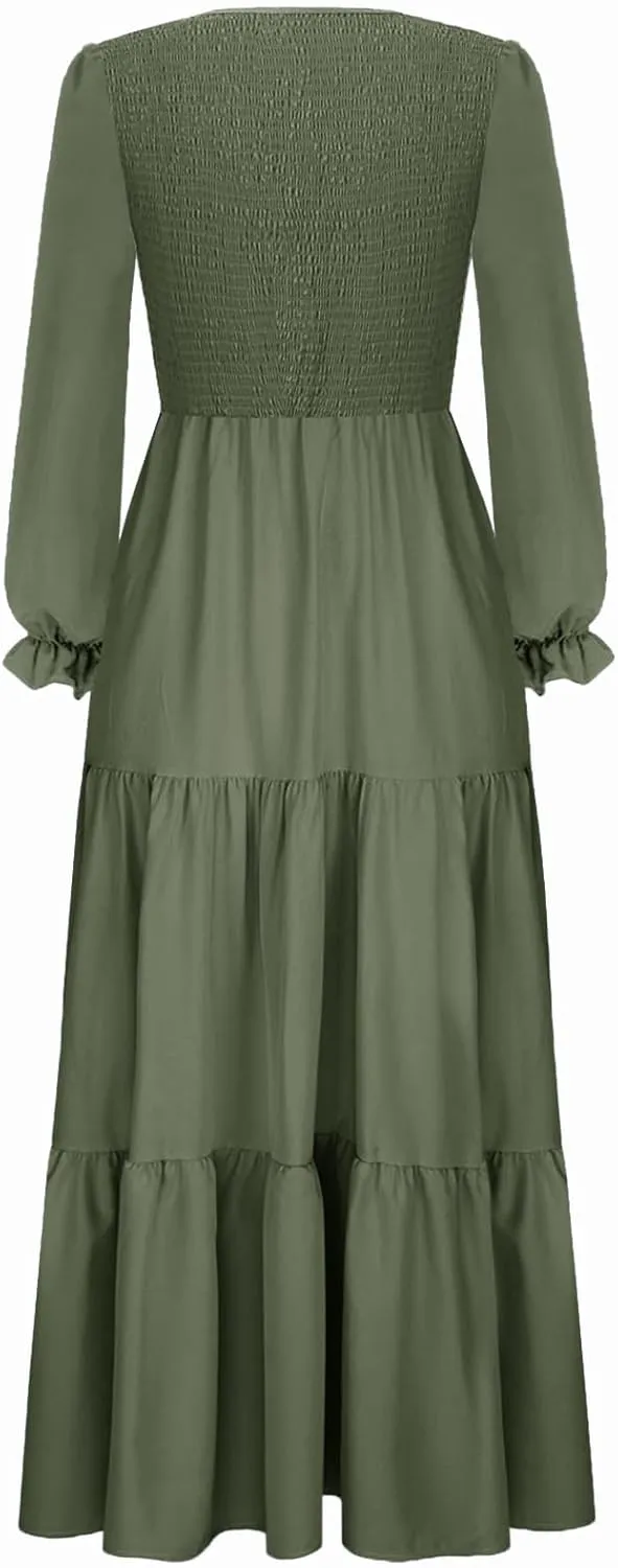 Women's Nursing Dress Flounces Long Sleeve Crew Neck Smocked Bodice Ruched Elastic Waist Tiered Midi with Pockets