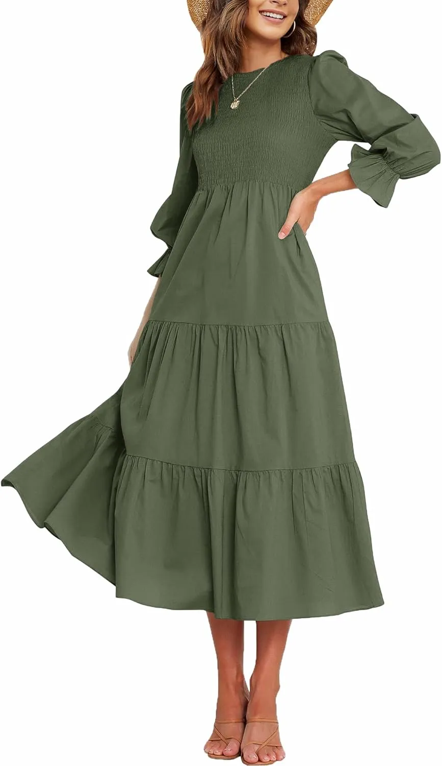 Women's Nursing Dress Flounces Long Sleeve Crew Neck Smocked Bodice Ruched Elastic Waist Tiered Midi with Pockets