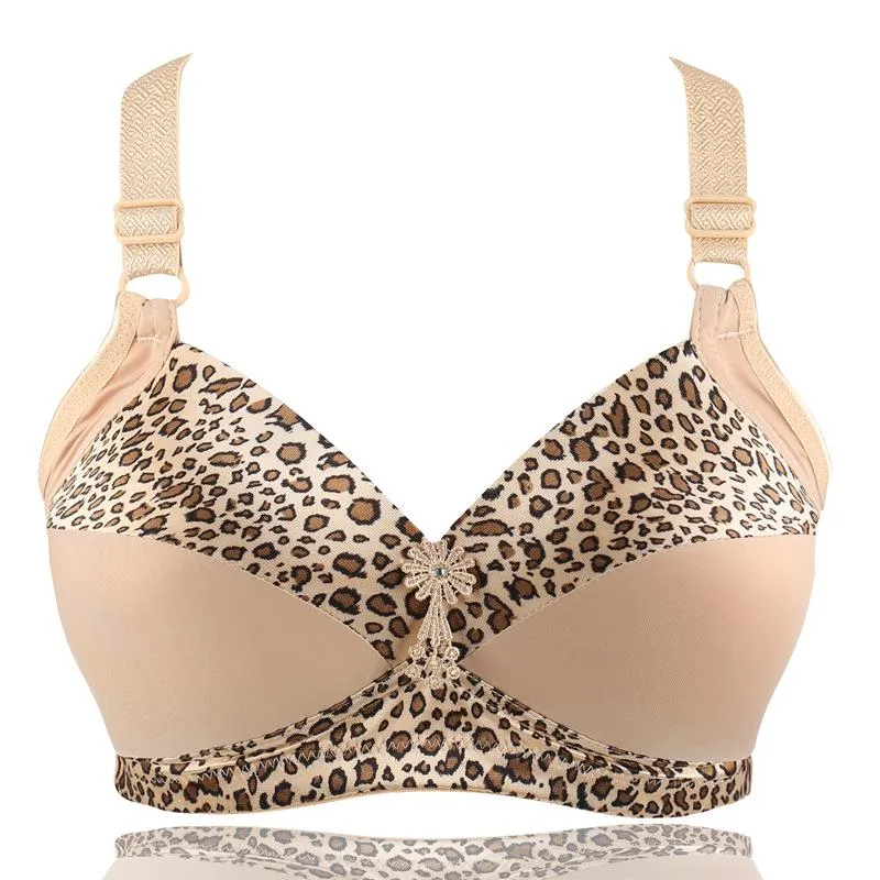 Women's Plus Size Bra Leopard Print Wire Free Bras Ajusted Brassiere Thin Cup Underwear