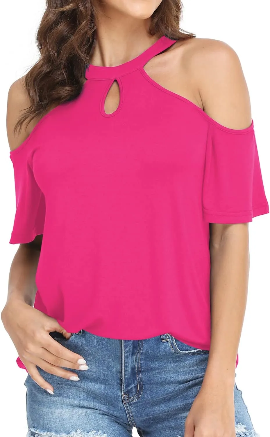 Womens Summer Halter Cold Shoulder Tops Sexy Casual Short Sleeve Keyhole T Shirts Blouse