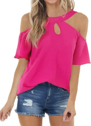 Womens Summer Halter Cold Shoulder Tops Sexy Casual Short Sleeve Keyhole T Shirts Blouse