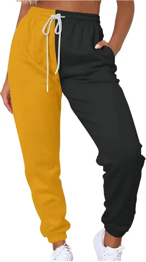 Women's Sweatpants Color Block Patchwork Trouser Elastic High Waist Joggers Baggy Pants with Multi-Pockets