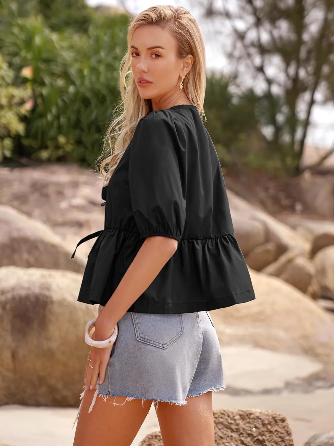 Women's Tie Front Peplum Blouses Puff Short Sleeve Crewneck Shirt Cute Y2K Coquette Babydoll Going Out Tops