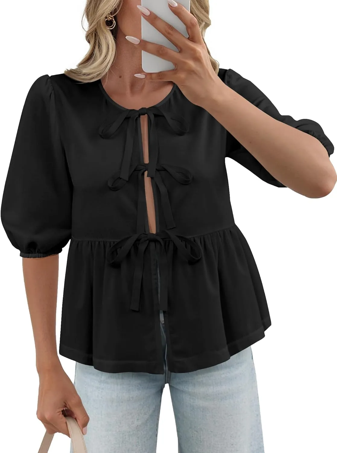 Women's Tie Front Peplum Blouses Puff Short Sleeve Crewneck Shirt Cute Y2K Coquette Babydoll Going Out Tops