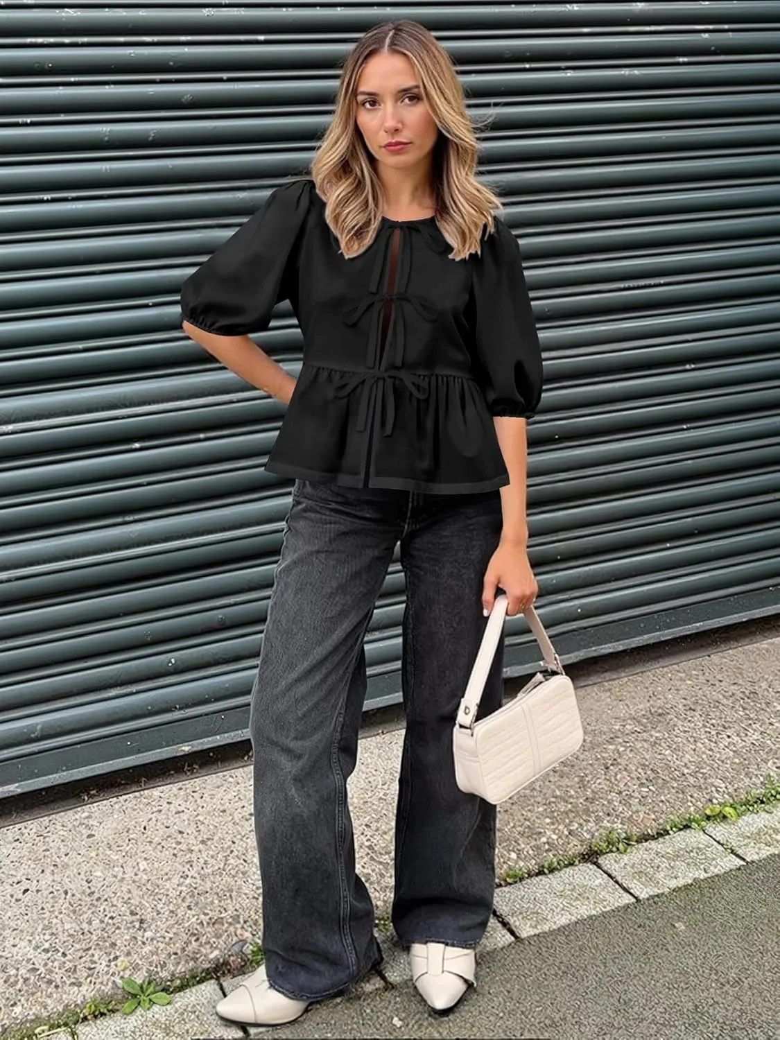 Women's Tie Front Peplum Blouses Puff Short Sleeve Crewneck Shirt Cute Y2K Coquette Babydoll Going Out Tops