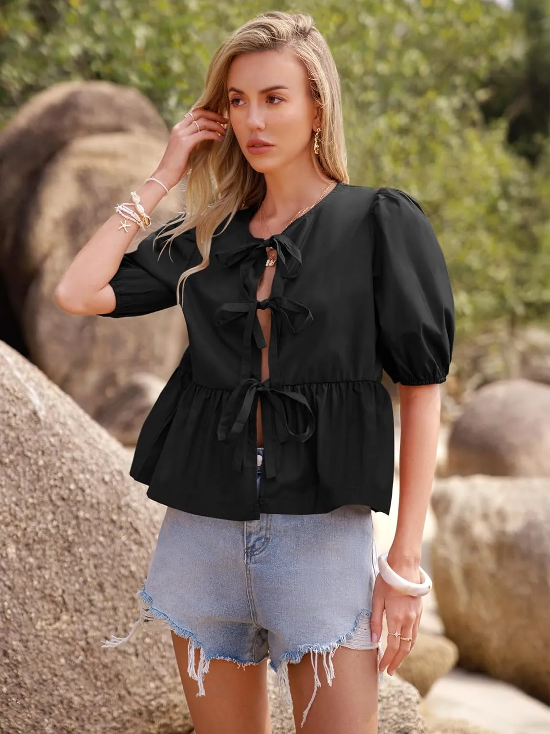 Women's Tie Front Peplum Blouses Puff Short Sleeve Crewneck Shirt Cute Y2K Coquette Babydoll Going Out Tops