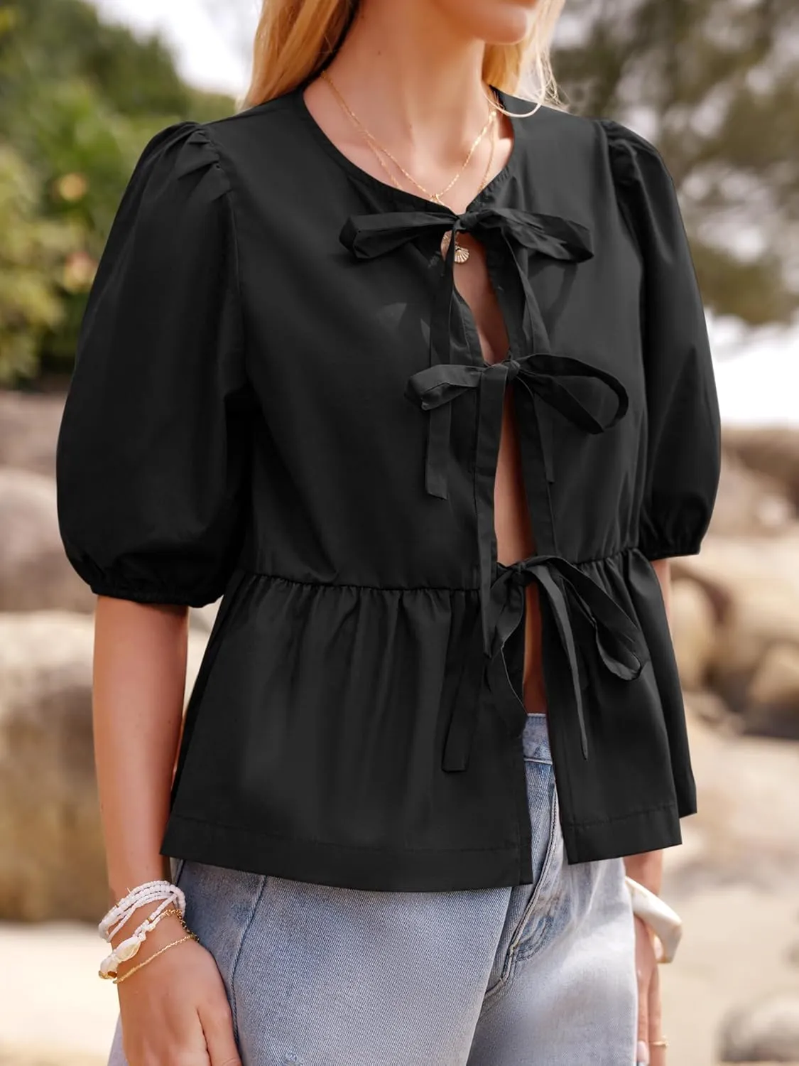 Women's Tie Front Peplum Blouses Puff Short Sleeve Crewneck Shirt Cute Y2K Coquette Babydoll Going Out Tops