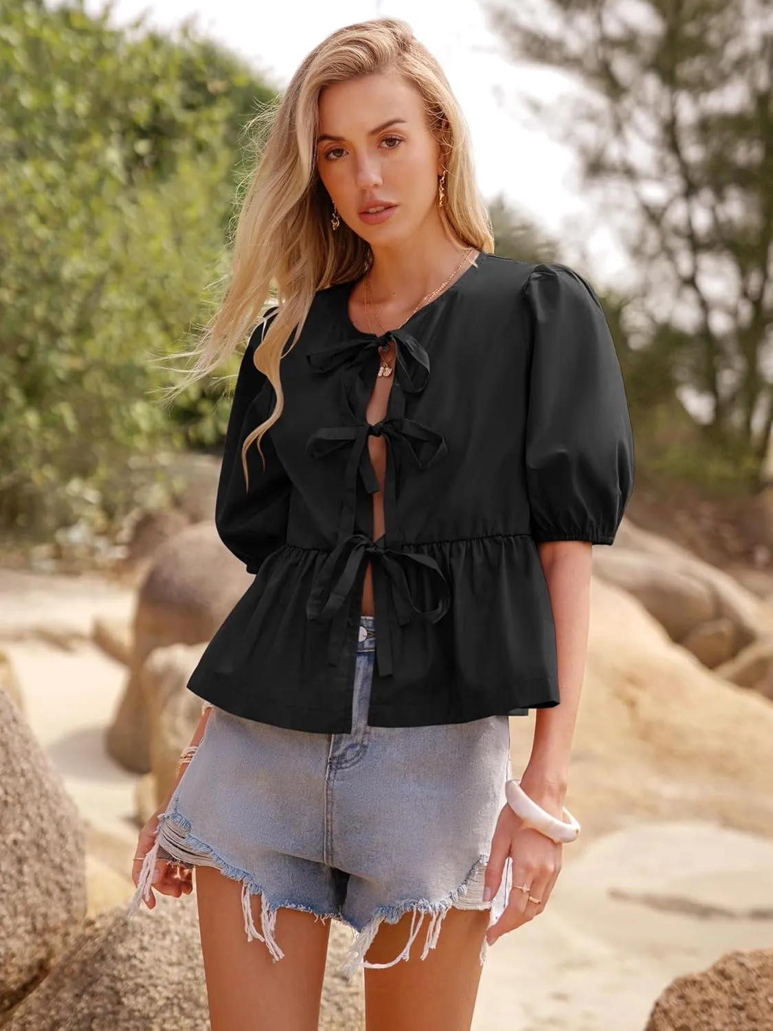 Women's Tie Front Peplum Blouses Puff Short Sleeve Crewneck Shirt Cute Y2K Coquette Babydoll Going Out Tops