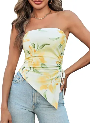 Yousify Womens Floral Tube Top Summer Mesh Strapless Ruched Asymmetrical Hem Drawstring Boho Y2k Bandeau Tops
